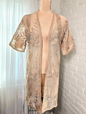 Papermoon Embroidered Sheer Kimono Jacket Size M Beige Floral Open Front